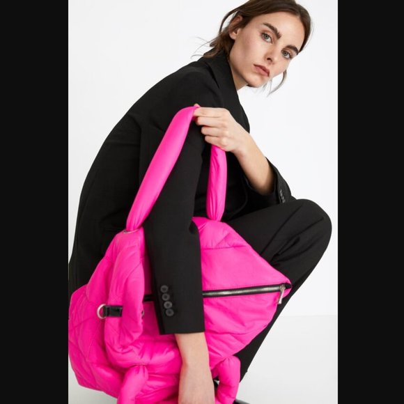Zara Fuchsia Hot Pink Neon Quilted Shopper Tote NWT - Picture 2 of 11